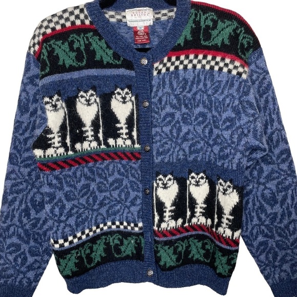 Vintage 90s Susan Bristol Pure Wool Cat Cardigan Sweater Medium - Picture 4 of 13